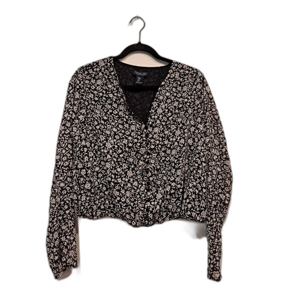 Rachel Zoe Floral Long Sleeve Top Black & Cream, Shiny Gold Flecks Women's sz M - Picture 8 of 9